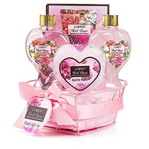 Birthday Gifts From Daughter & Son - Home Spa Gift Basket for Women, Red Rose Scent - Luxury Bath & Body Set with Shower Gel, Bubble Bath, Body Lotion, Bath Salt, Shower Puff and Wired Heart Basket