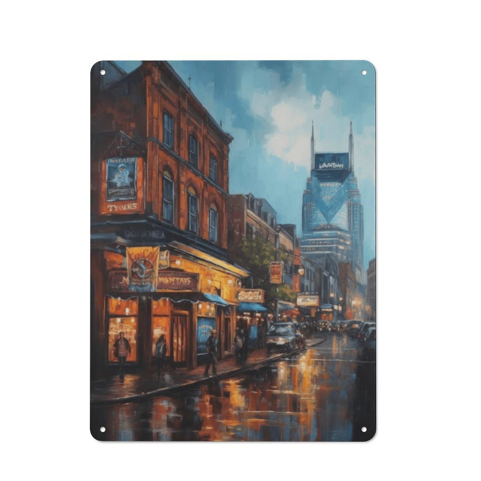 Junmoney Rainy Night Cityscape Retro Metal Wall Sign 40X30cm With For Pub Or Café, A Housewarming Gift For Hospitality Wall Decor Collectors