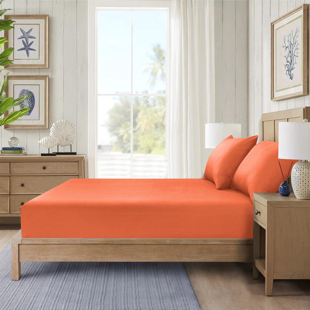 CHARKHAH Polycotton Fitted Sheet for Single Double King Super King Bed Anti Wrinkle Plain Bedding 25 cm Extra Deep Fitted Sheets Cover with Elastic Edges (Orange, 40CM-Single)