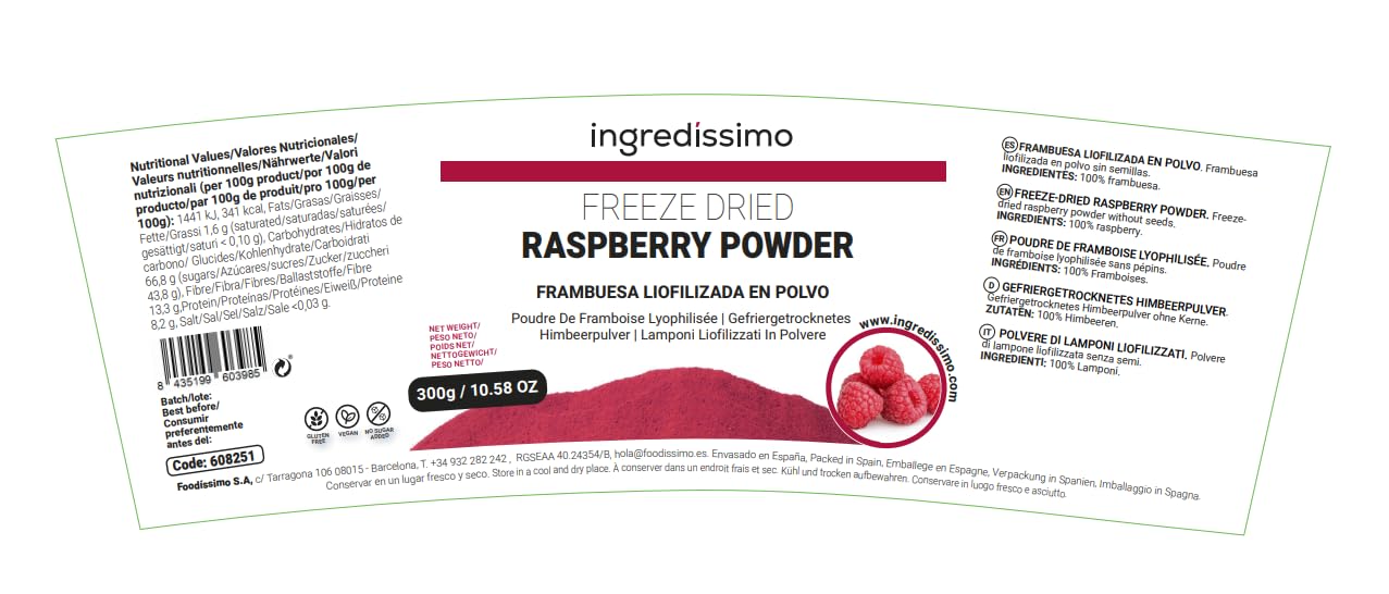 Ingredíssimo - Frambuesa Liofilizada en Polvo 300g | 100% Fruta | Vegano, Sin Azúcar Añadido | Sabor Intenso y Color | 100% fruta, sabor intenso y color natural, batidos, uso alimentario, profesionales y aficionados, sin azúcar añadido