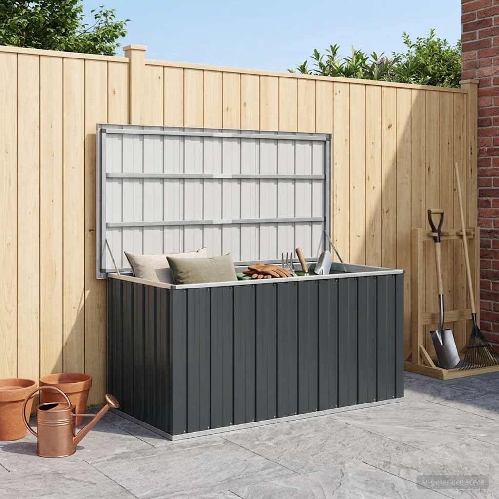 Cassapanca da giardino antracite in acciaio zincato, 129 x 67 x 65 cm, resistente alle intemperie e impermeabile, con coperchio ribaltabile, grande spazio per cuscini, imbottiture, cuscini