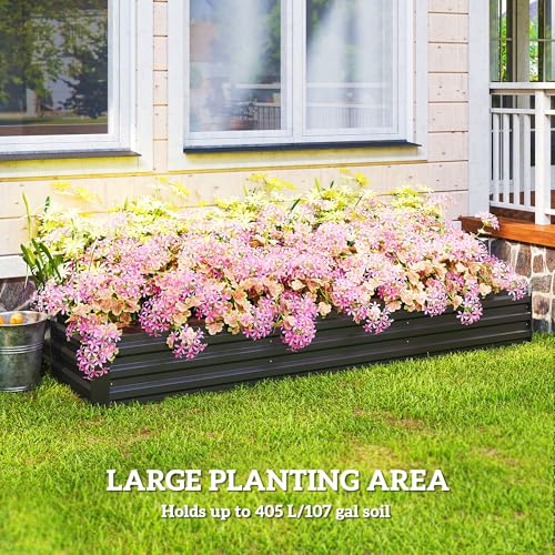 Outsunny 8 x 2 x 1ft Galvanized Raised Garden Bed Kit, Outdoor Metal Elevated Planter Box with Safety Edging, Large Raised Bed for Growing Flowers, Herbs and Vegetables, Dark Gray