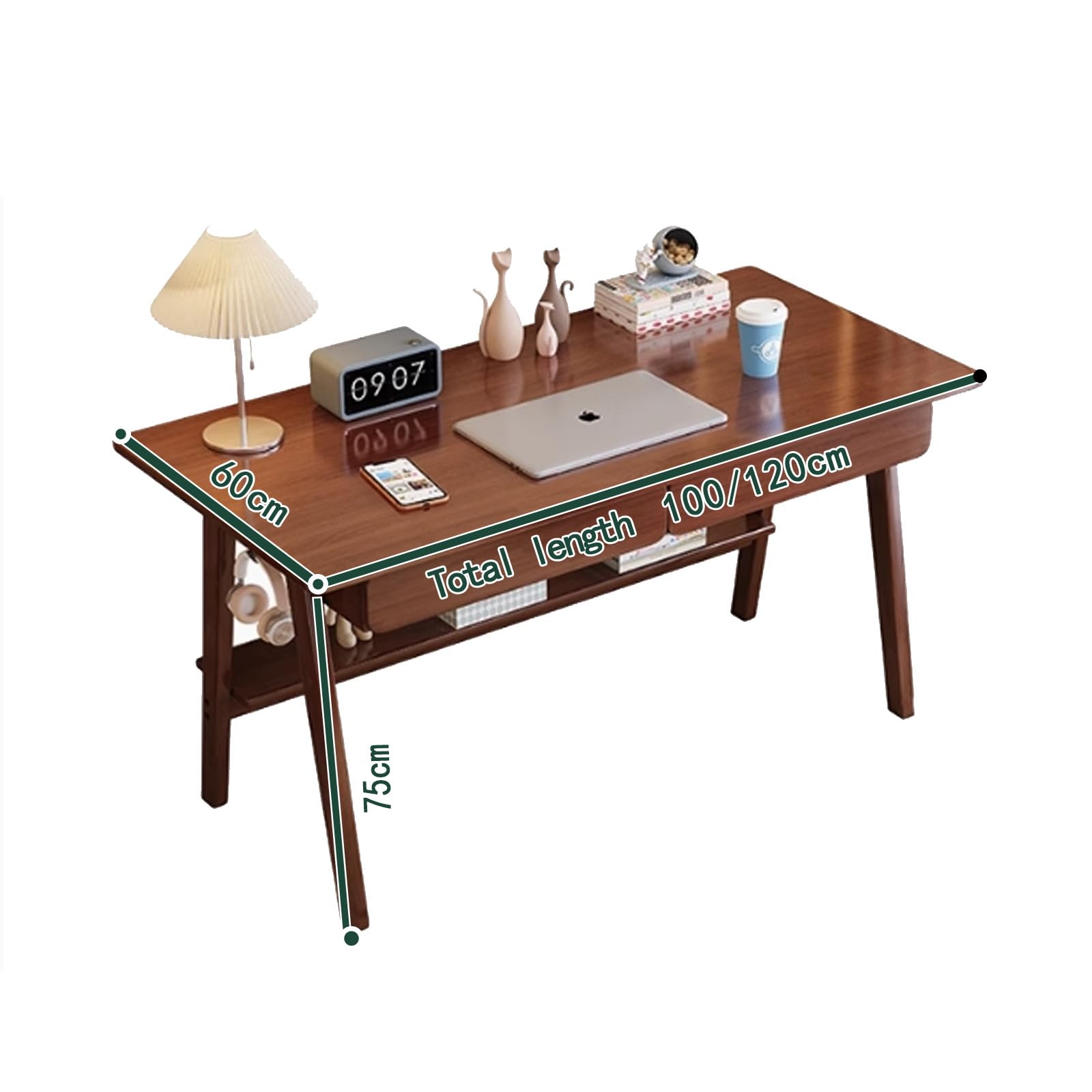 Generico Piccola Scrivania con Cassetti e Ripiani,Tavolo da Scrittura Moderna Postazione di Lavoro per Pc con Ganci per Scrivere, Studiare e Giocare (Color noce, 100 * 60 * 75cm)