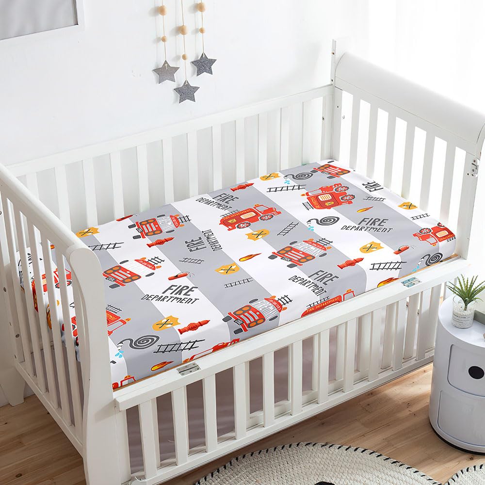 Odot Cot Bed Sheets, Cartoon Car Print Bedside Cribs Fitted Sheets, Baby Bed Sheets Microfiber Cot Bed Mattress Protector, Bassinet Sheets, Easy Care Soft and Dureable (65x95 cm,Grey)