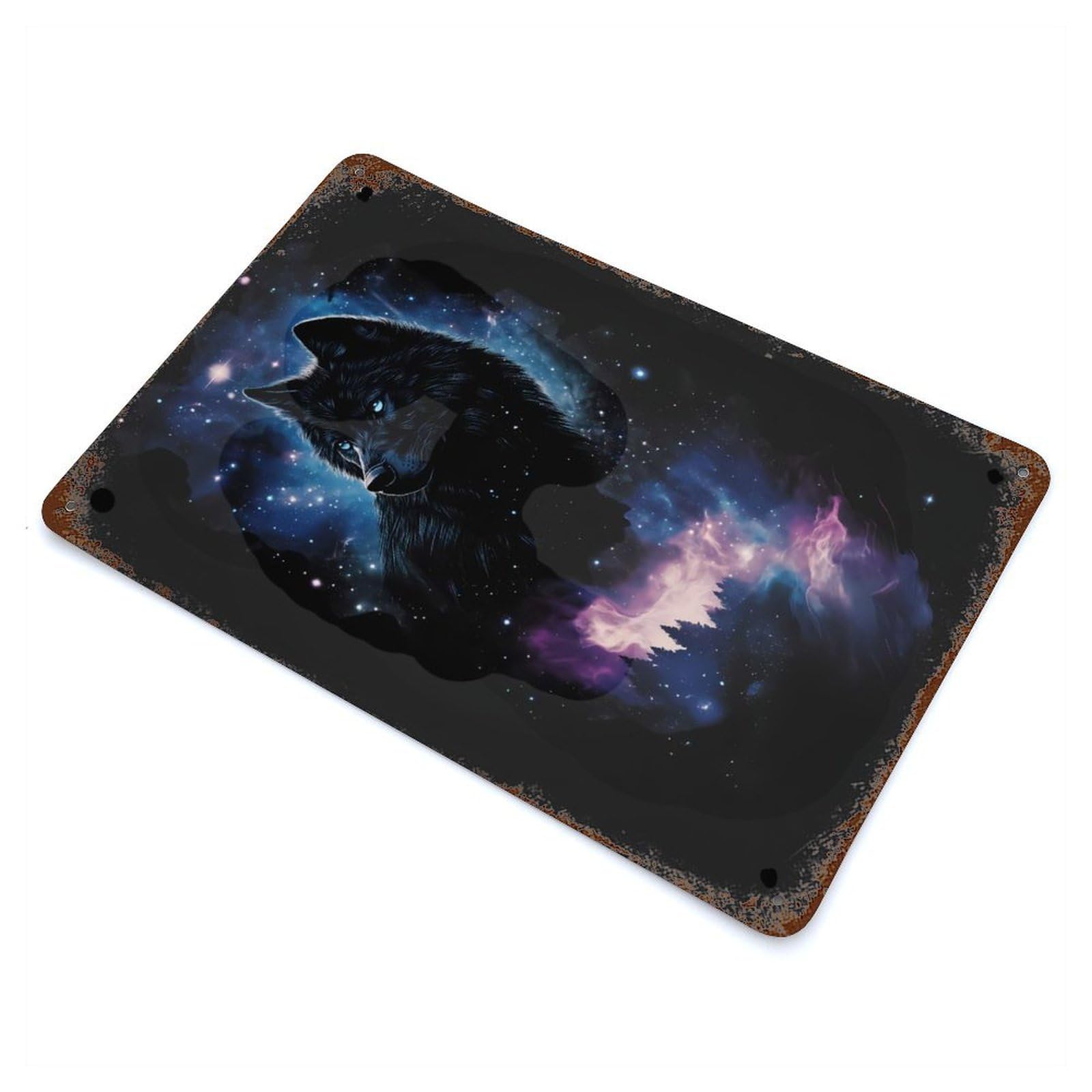 Rust Effect Cosmic Wolf Portrait Vintage Rust Metal Sign 11.8"x7.9", Farmhouse Wall Decor for Basement, Hobby Room And Garage Decor