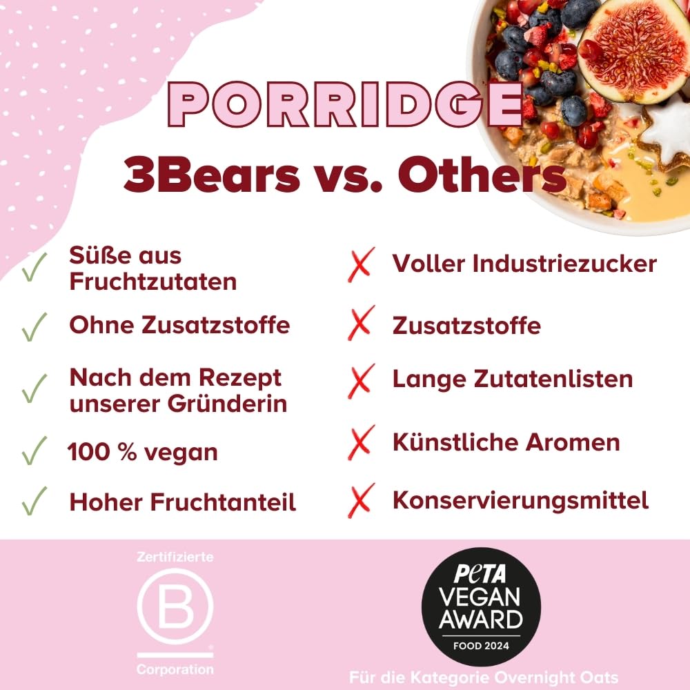 Porridge d'avoine | 3Bears Porridge | Pomme Cannelle - 4 x 400g - Avec de vrais morceaux de fruits | Porridge , Céréales, Oatmeal, Petit Déjeuner Healthy, Sans Sucres Ajoutés, Instantané