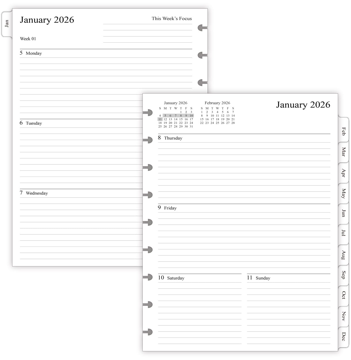 2024 Weekly Planner Refills for Happy Planner - 9 Discs Punched, Two Pages Per Week, Classic Size, 7" x 9-1/4"