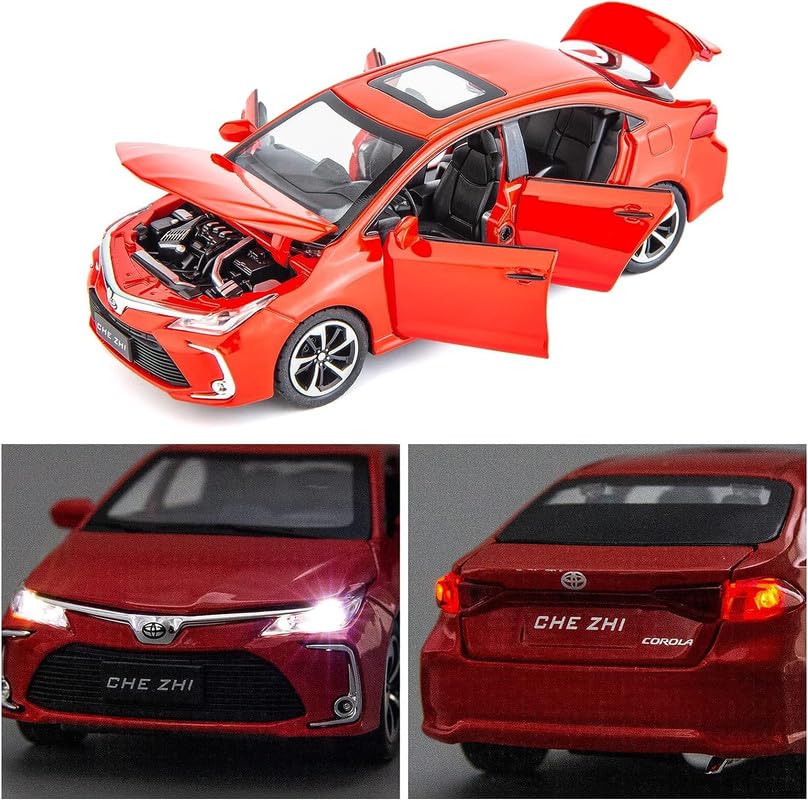 Image of Kids Model 1:32 Corolla Die Cast Metal Car Pull Back Action Opening Doors with Realistic Engine Sound Lights Toy Car Gift for Boys - Red