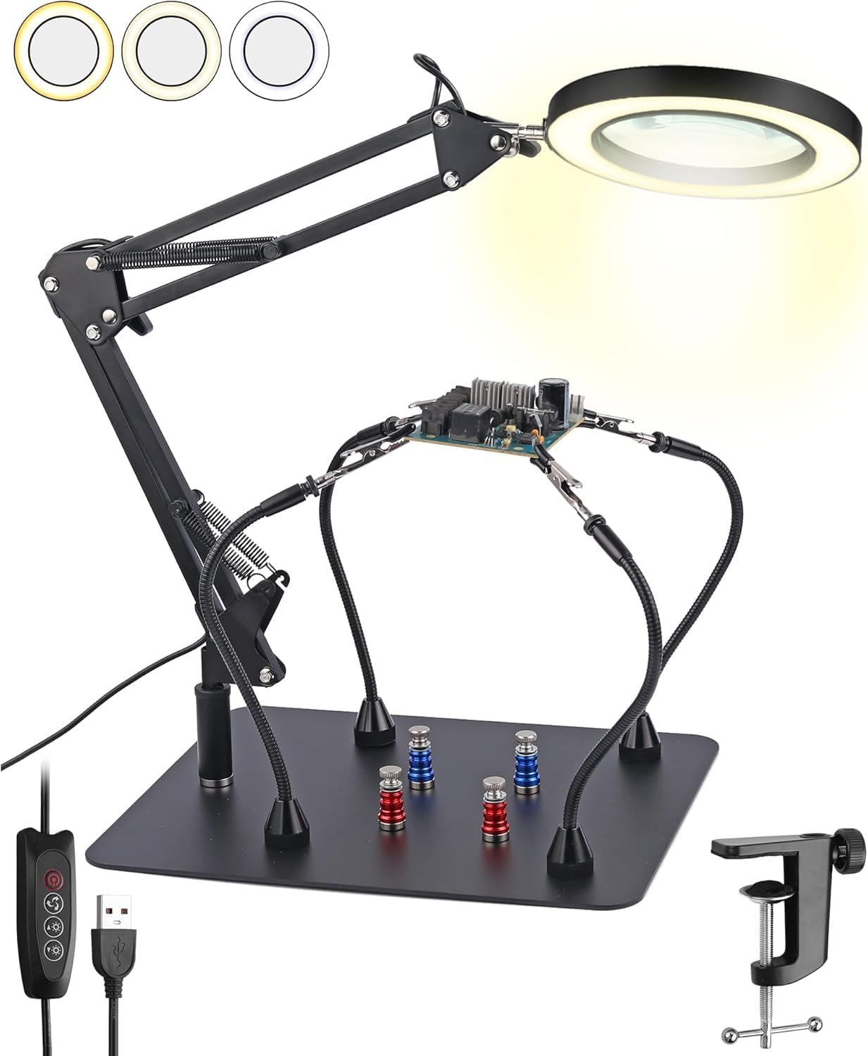 eSynic Lupa de Escritorio 8X con 72 Luces LED 2 en 1 Lámpara de Aumento con 10 Brillos Ajustables y 3 Colores, Rotación de 360°con 4 Fuertes Columnas Magnéticas y 4 Pinzas para Manualidades