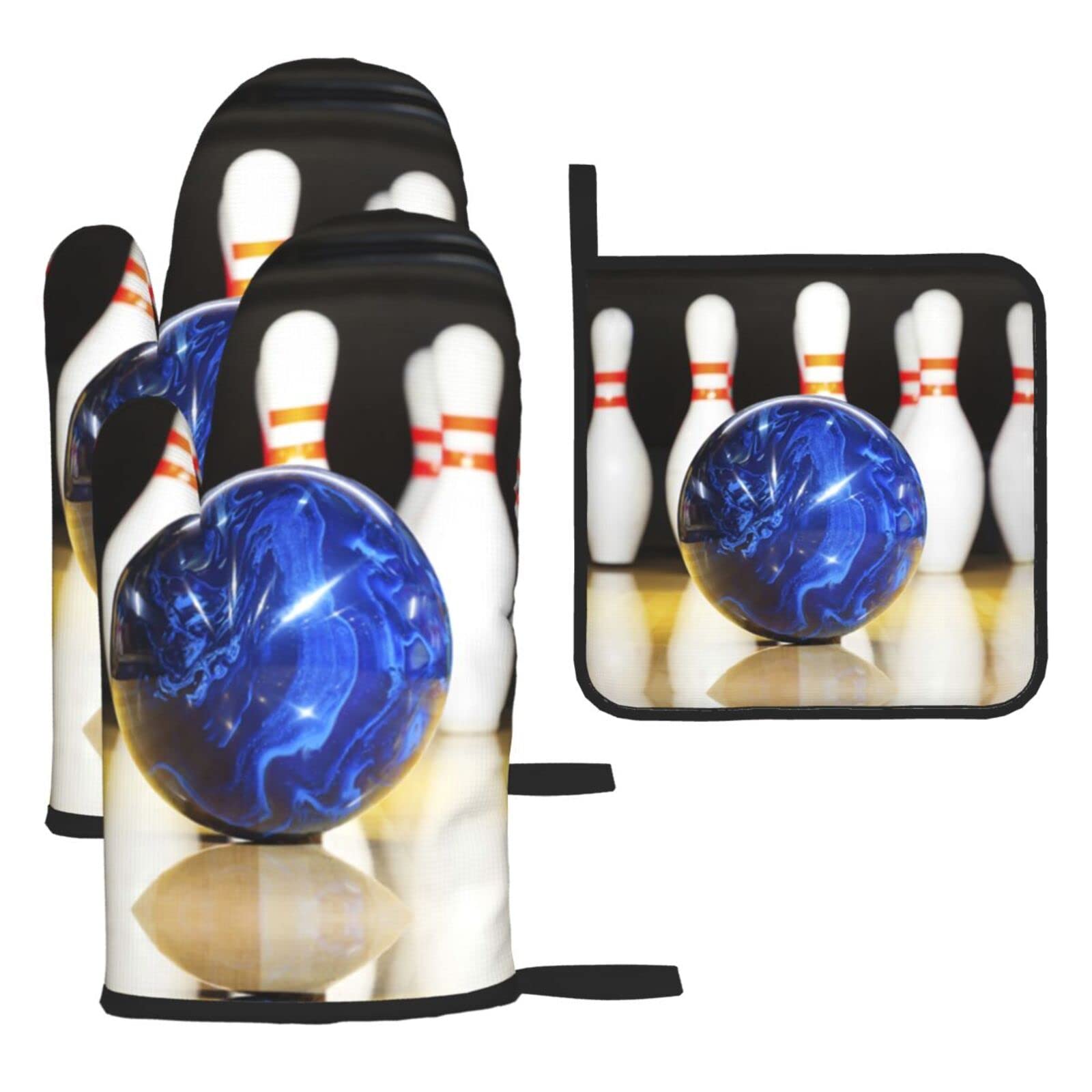 Bowling Oven Mitts and Pot Holder Kitchen Set for Grilling, Cooking, Baking, Heat Resistant