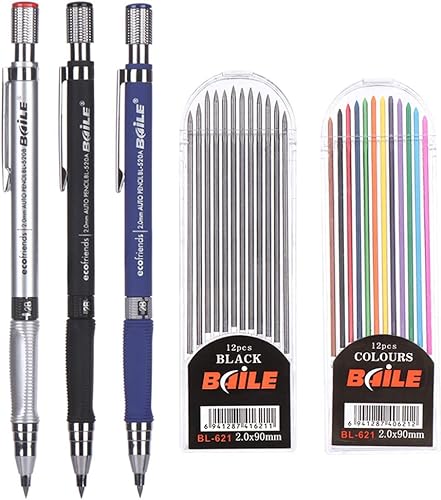 Juego de 5 portalápices mecánicos de 0.079 in, 3 lápices automáticos y 2 estuches de repuestos de plomo (color y negro) para dibujo, escritura,