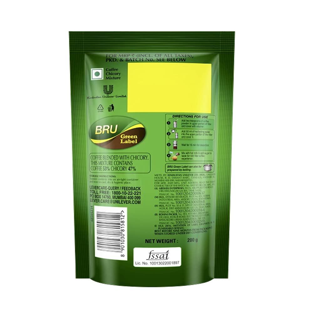 Bru Green Label Ground Coffee Bag, 200g Pouch : Amazon.in ...