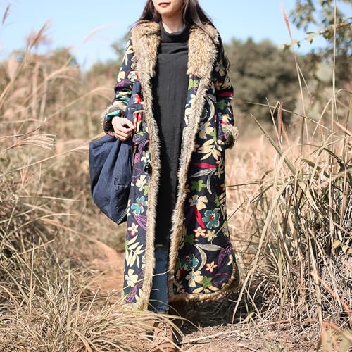 LZJN Women's Warm Overcoat Floral Print Long Jacket Cotton Linen Vintage PatchworkThin Cotton Hooded Winter Quilted4