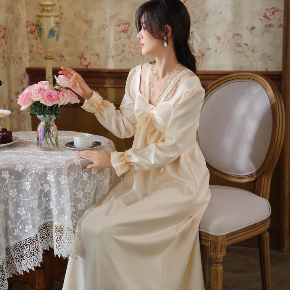Nachtwäsche Damen,Damen-Nachthemden, Vintage-Beige, Satin, Eckiger Ausschnitt, Schleife, Spitze, Elegantes Schlafhemd, Weiches, Bequemes, Lange Ärmel, Nachthemd, Loungewear Für Damen, Mädchen, P