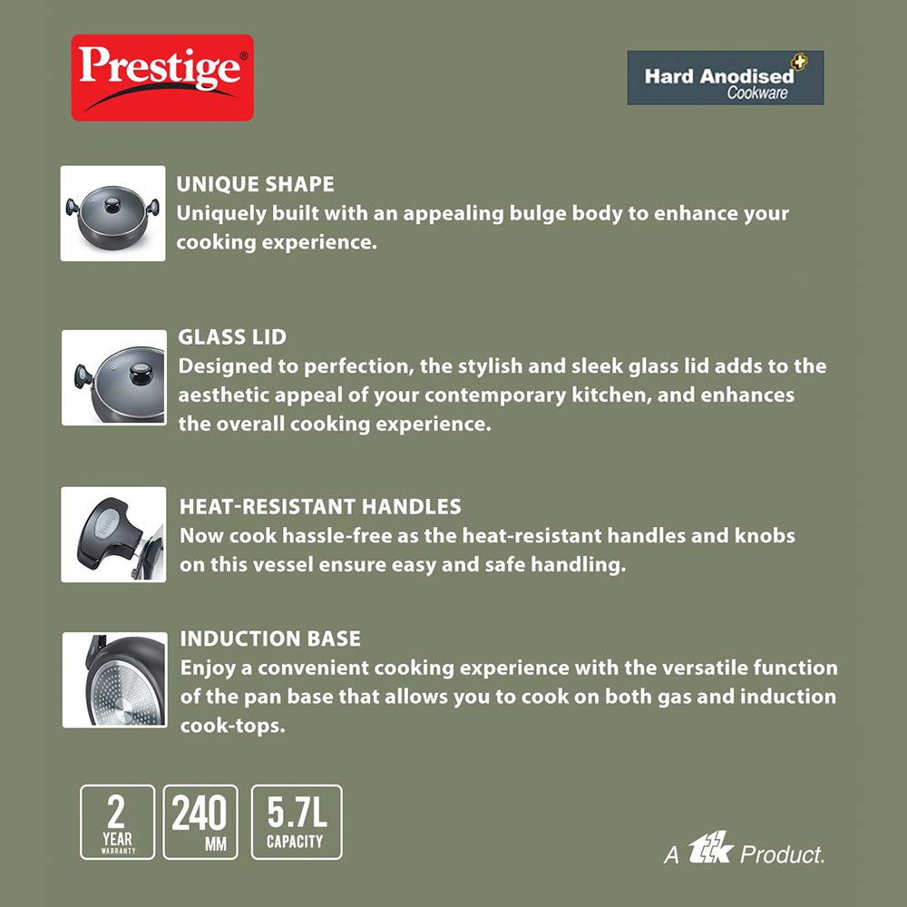 Prestige Hard Anodized Cookware Lifetime Induction Base Sauce Pan, 24Cm, Black, Aluminium Non-Stick, 5.7 Litre 2