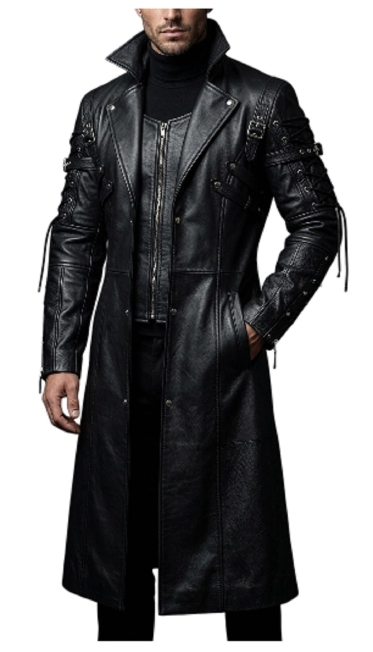 Trench lungo da uomo in pelle di alta qualità, stile steampunk, punk, cyberpunk, cosplay