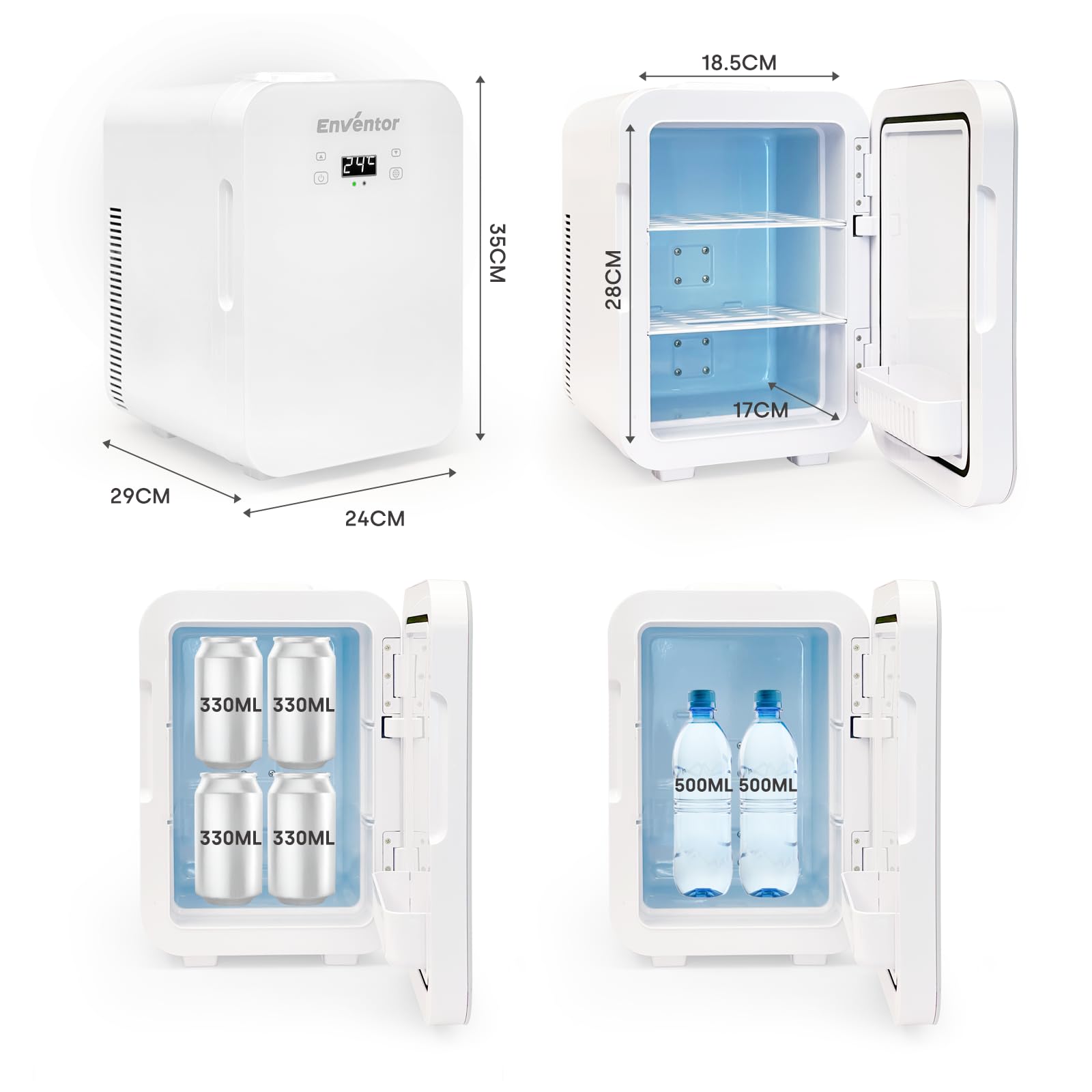 Enventor Mini Lodówka 10L, AC + 12 V DC, chłodziarka i podgrzewacz, przenośna mini lodówka z wyświetlaczem temperatury LCD do samochodu, podróży, pielęgnacji skóry, napojów, żywności (biała)