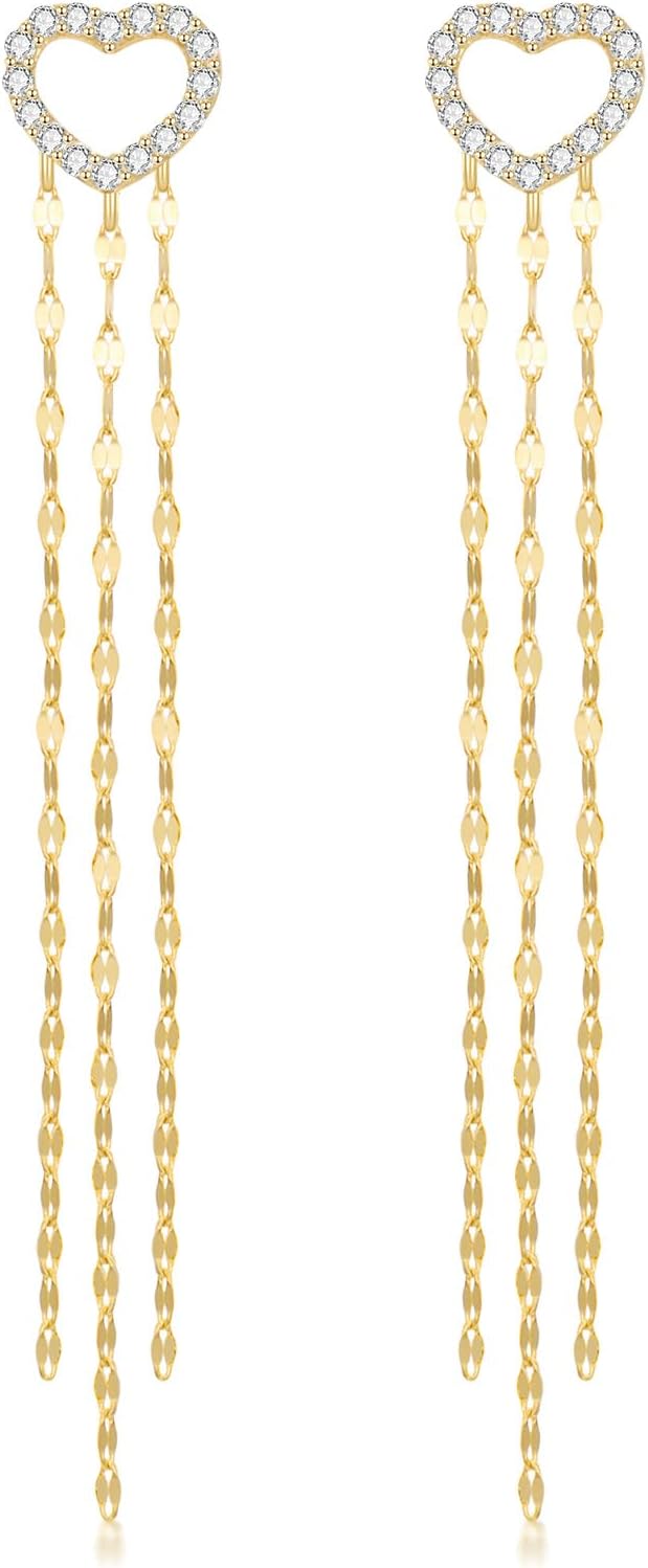 SISGEM 14k Gold Created Moissanite Heart Dangling Tassel Earrings for Women, 14kt Gold Long Chain Love Jewelry Gifts for Her