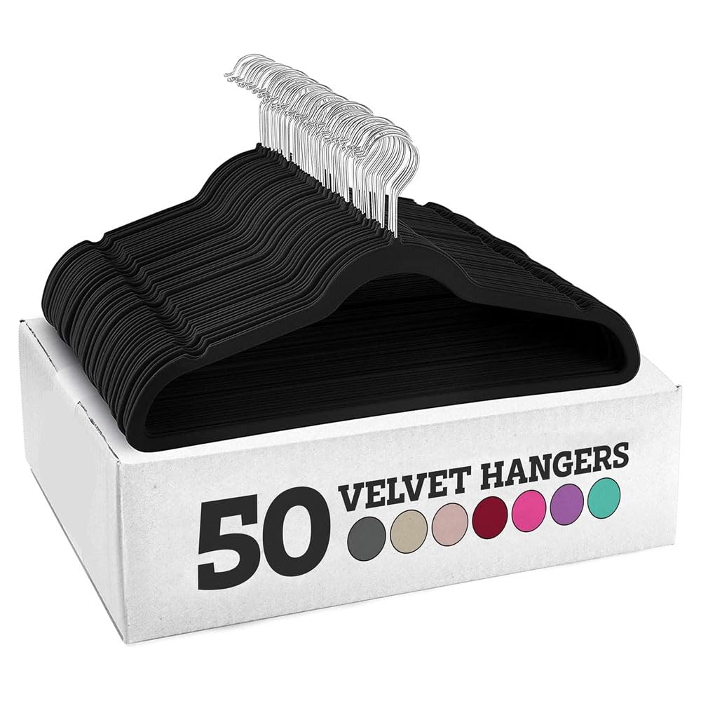 Non-Slip Velvet Hangers - Suit Hangers Ultra Thin Space Saving 360 Degree Swivel Hook Strong and Durable Clothes Hangers Hold Up-to 10 Lbs (50, BLACK)