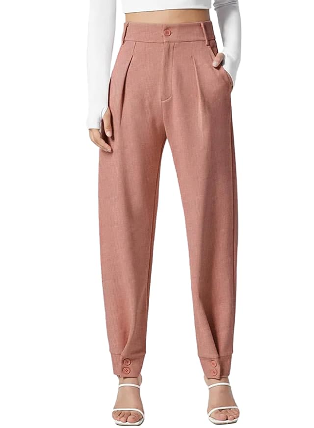 Dokotoo Womens Pants Waffle Classic High Waisted Adjustable Button Hem Business Casual Tapered Pants with Pockets