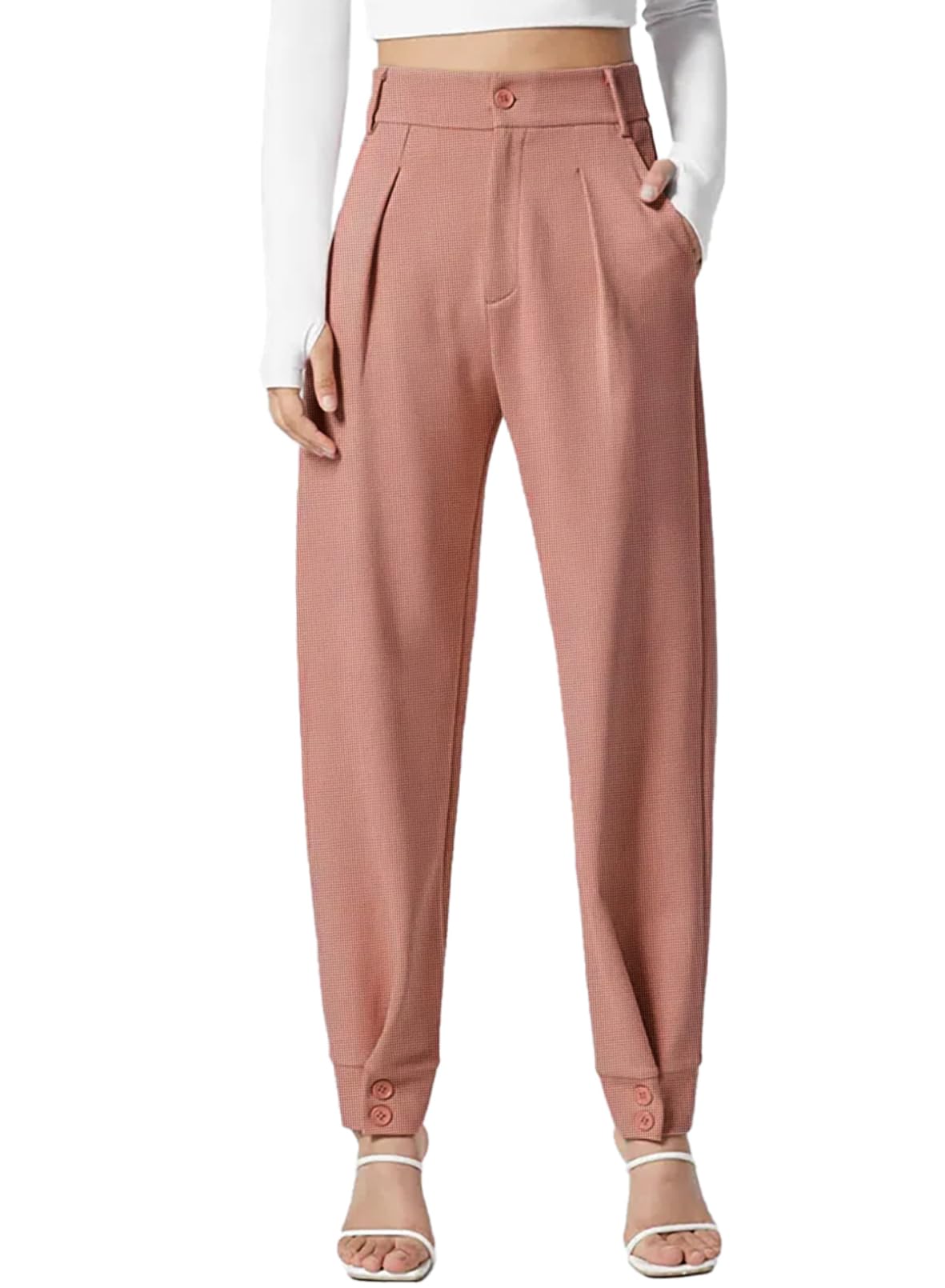 Dokotoo Womens Pants Waffle Classic High Waisted Adjustable Button Hem Business Casual Tapered Pants with Pockets