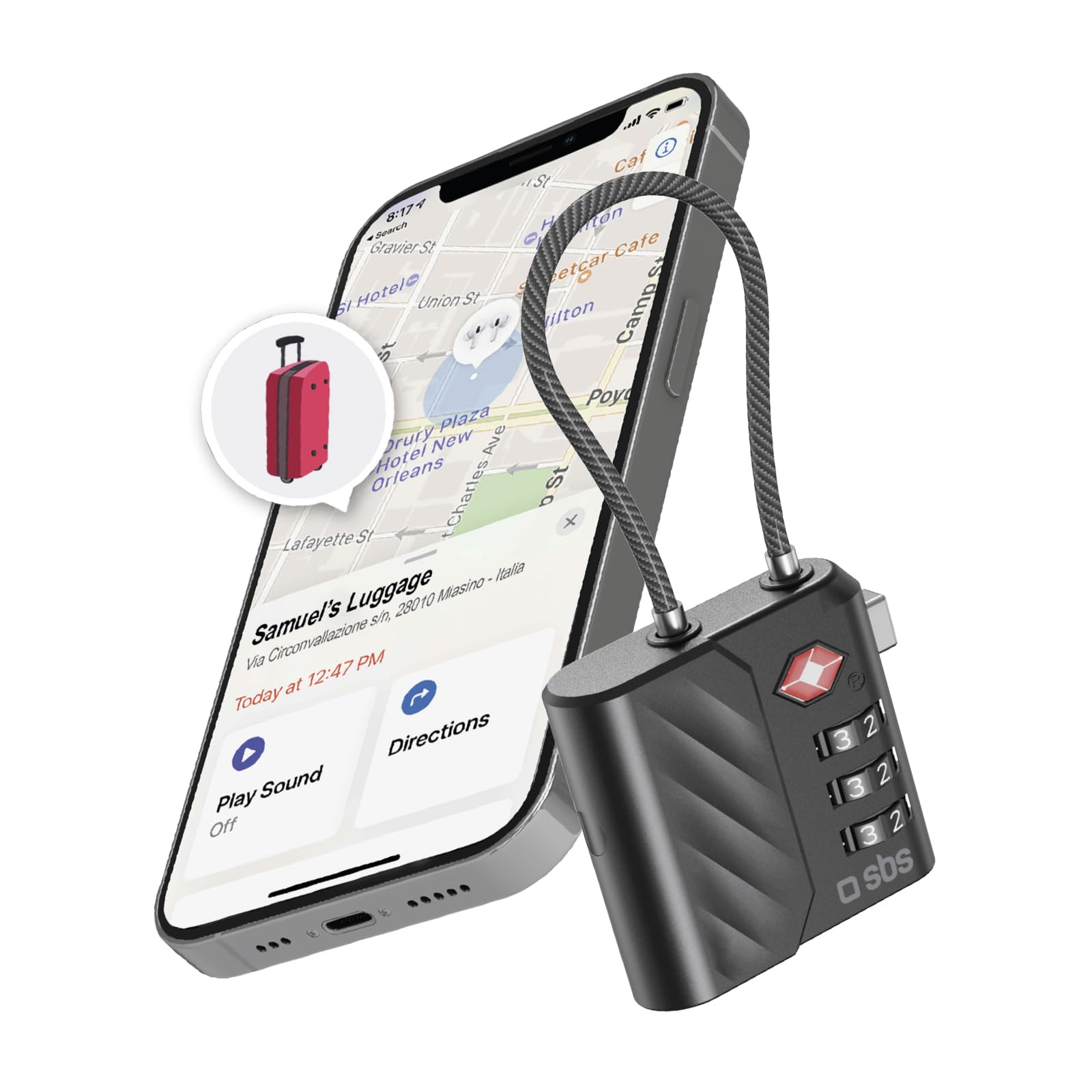 SBS Track My Lock, Lucchetto TSA con Localizzatore Finder Integrato | Compatibile con Apple Find My (iOS), Combinazione 3 Cifre, Allarme 60dB, Ricarica USB-C, Ideale per Valigie e Borse, Nero