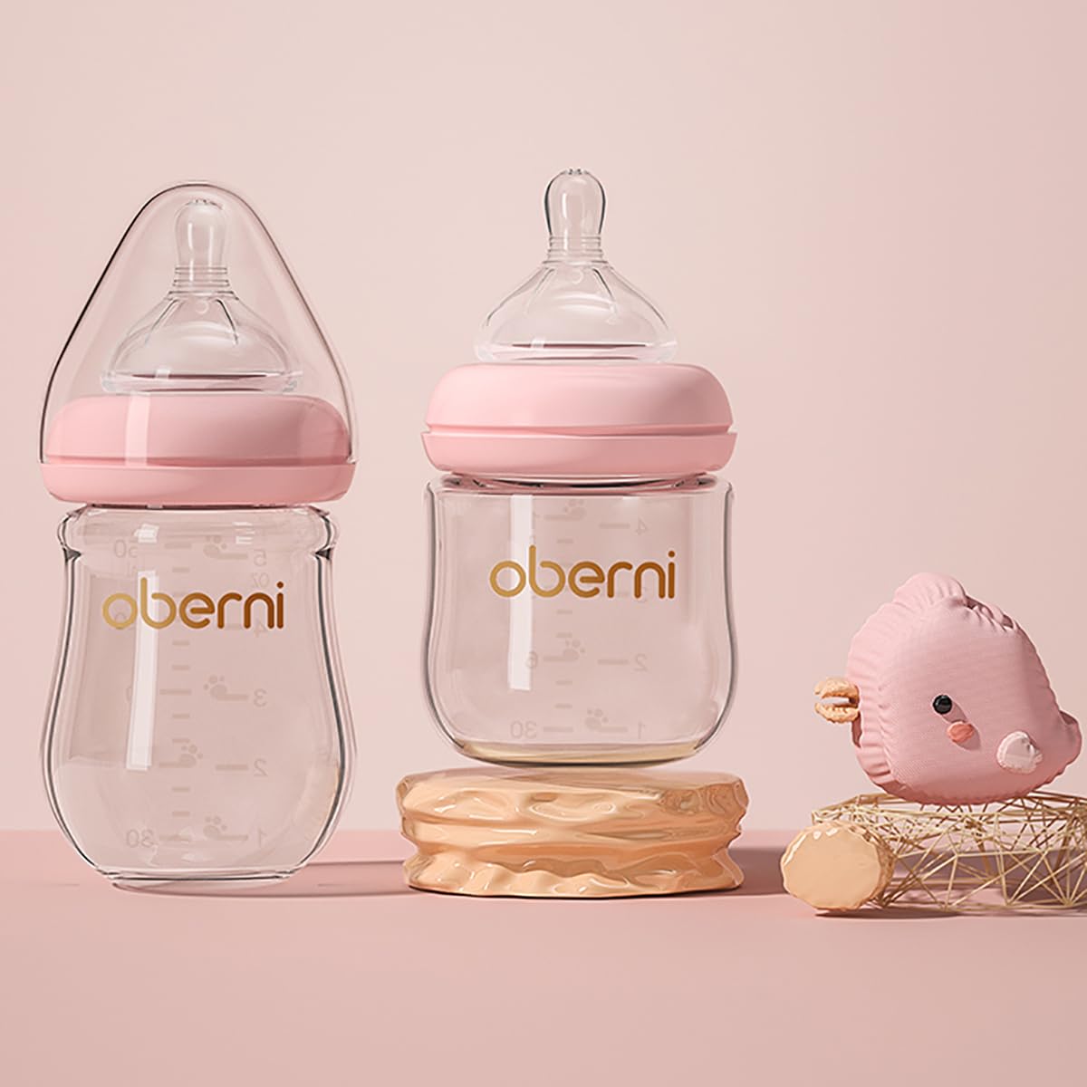 Oberni Glass Baby Bottle, Anti-Colic Baby Bottles with Slow Free Flow Breast-Like Teat 120ml (Pack of 2), 0m+ Newborn, Pink - Image 2