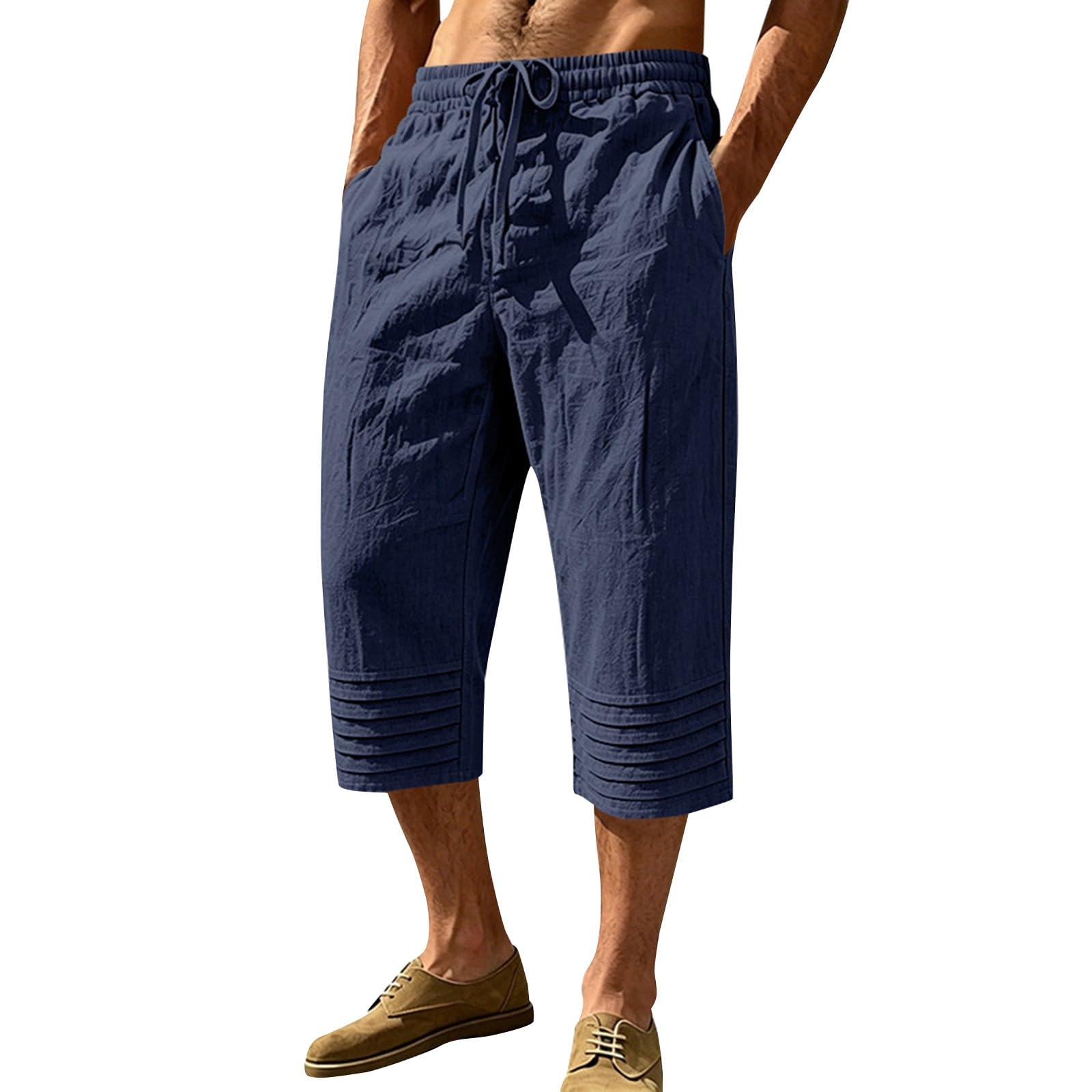 Pantaloni a tre quarti da uomo, in lino, estivi, vestibilità larga