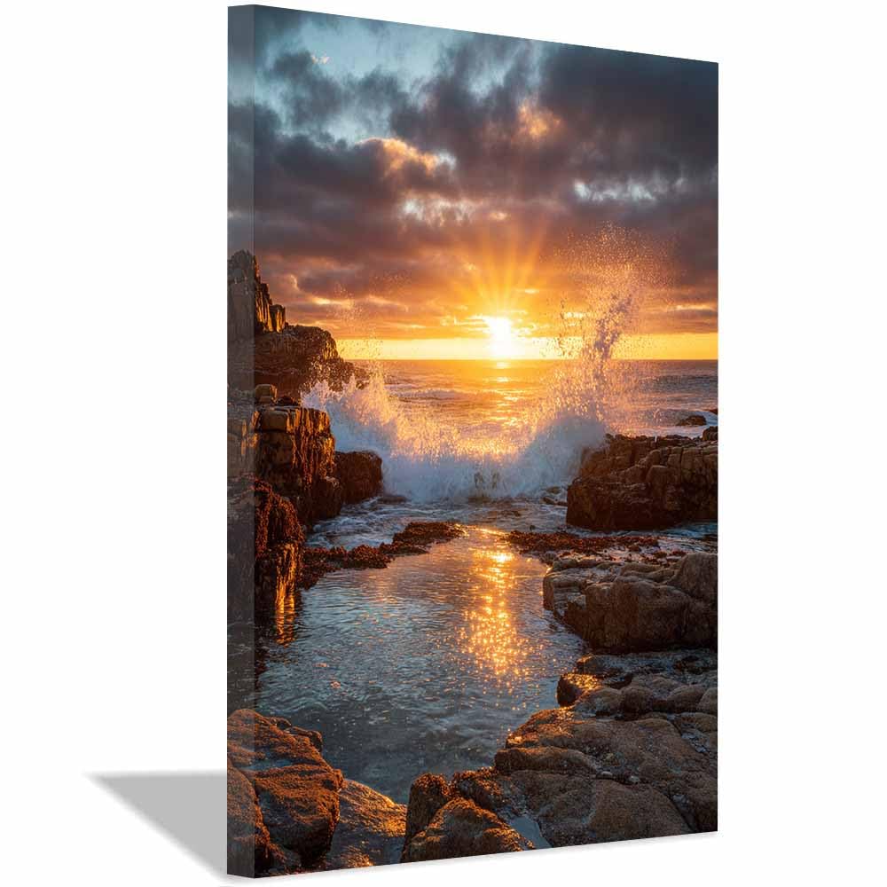 HOQIU Vintage wall art Golden Coastsal Sunset Wavess decorative painting, wall art, for Living Room Bathroom Bedroom Kitchen Decoration.(Multicolor)-20x30cm Framed