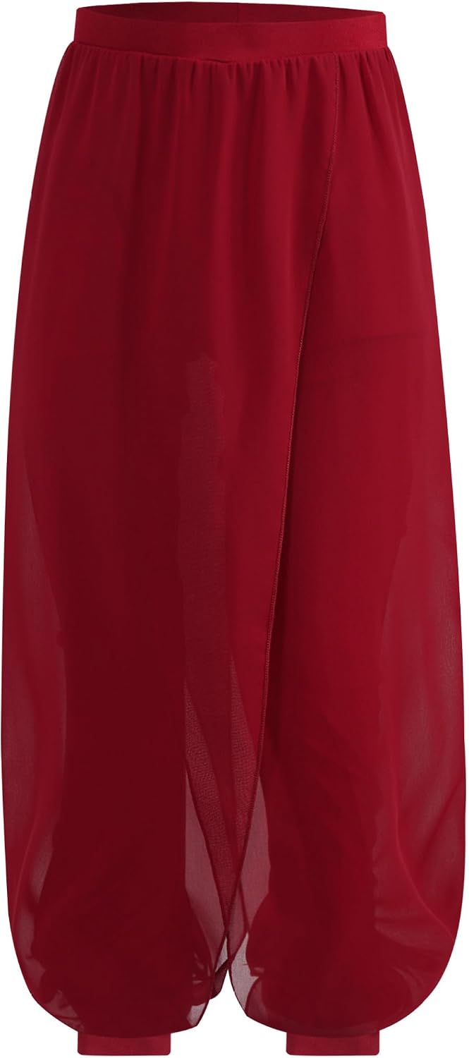 Girls Loose Flowy Chiffon Yoga Pants Kids Belly Dance Palazzo Pants Casual Arabic Harem Trousers