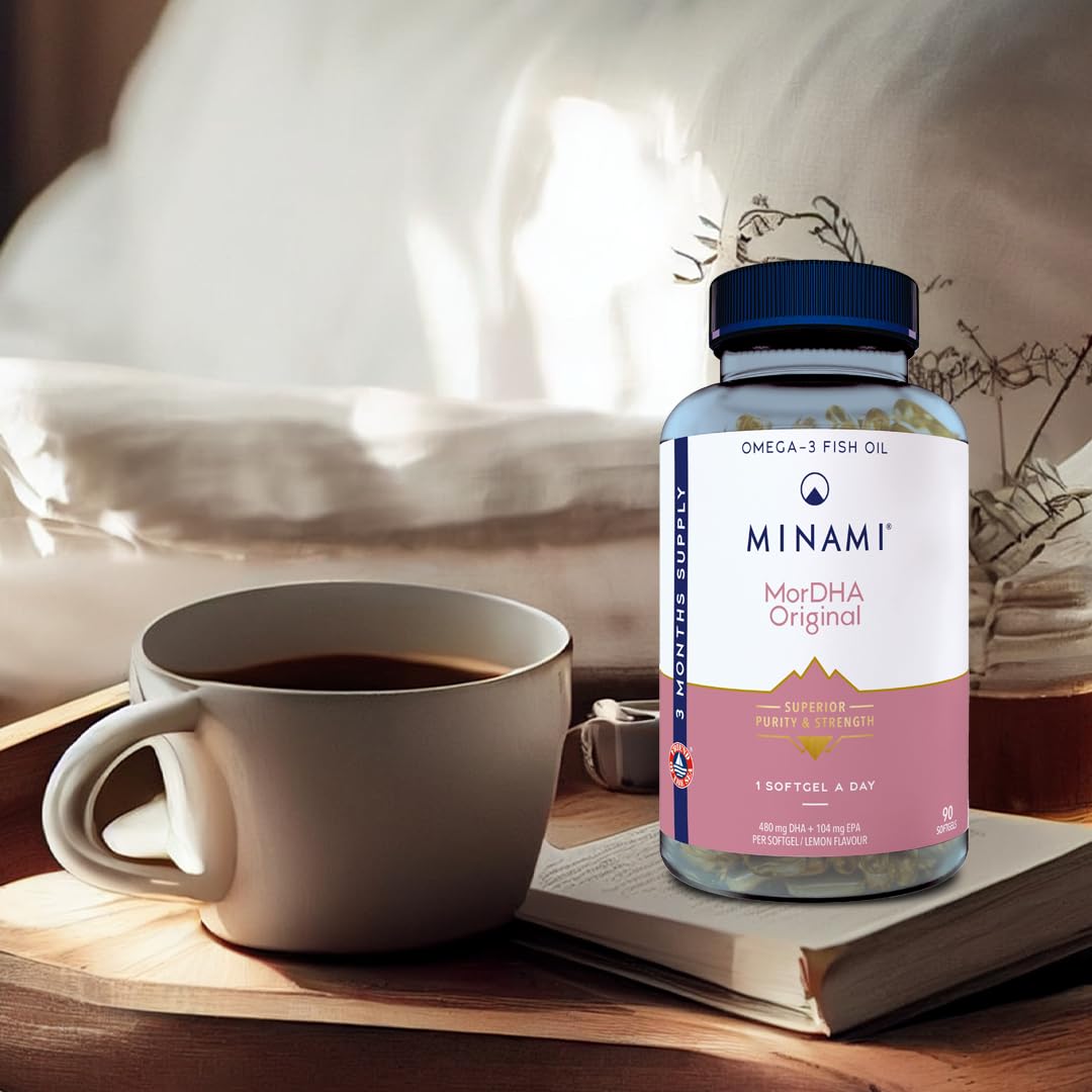 MINAMI Omega 3 Fischöl Nahrungsergänzung - MorDHA Original Omega 3 Kapseln Hochdosiert Hohe DHA-Konzentration - Gehirn- und Augenentwicklung des Fötus und Gestillter Säuglinge - 90 Weichkapsel