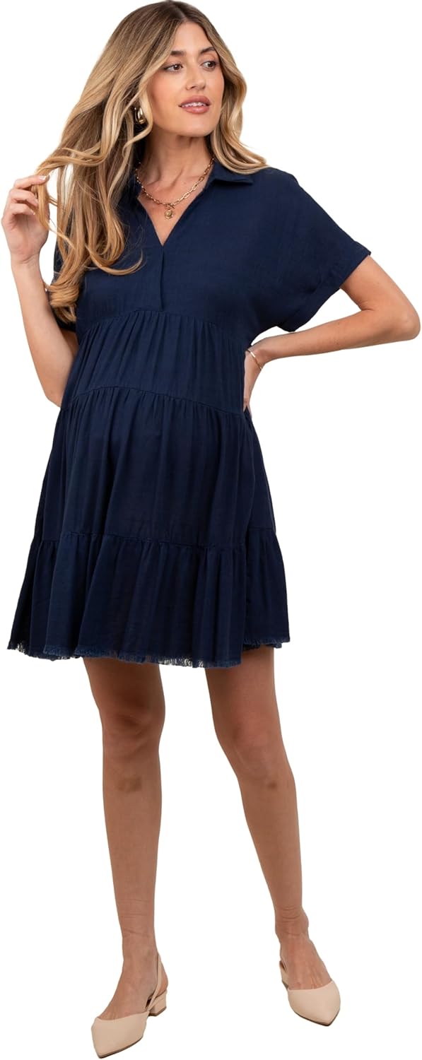 PinkBlush Navy Tiered Linen Maternity Dress
