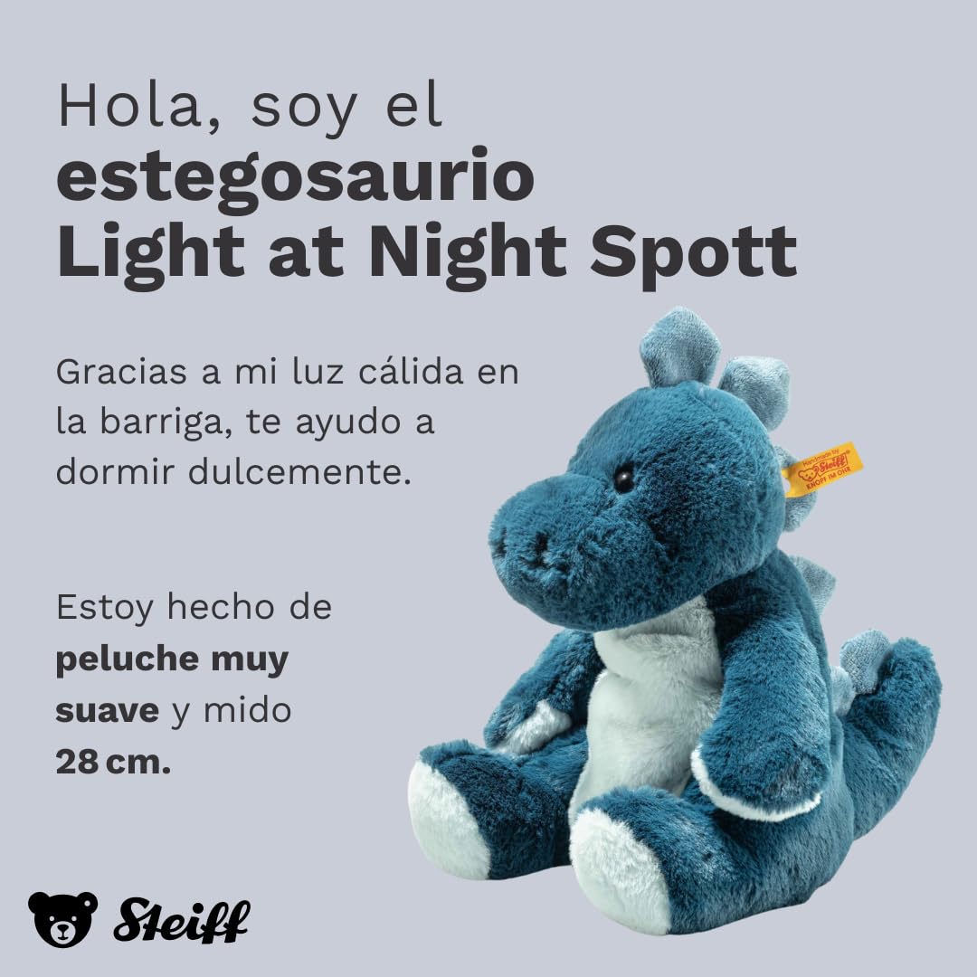 Steiff Peluche Estegosaurio Spott con luz Nocturna, Peluche Adorable con Ojos de plástico, para niños y niñas, Friends, Peluche 28 cm, Azul, 067266