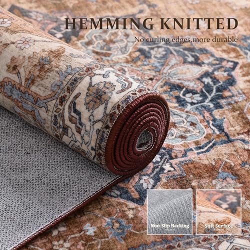 Deerly Large Washable Area Rug 8x10 for Living Room Bedroom Boho Vintage Rug for Dining Room Non-Slip Soft Low-Pile Thin, Brickred/Multi