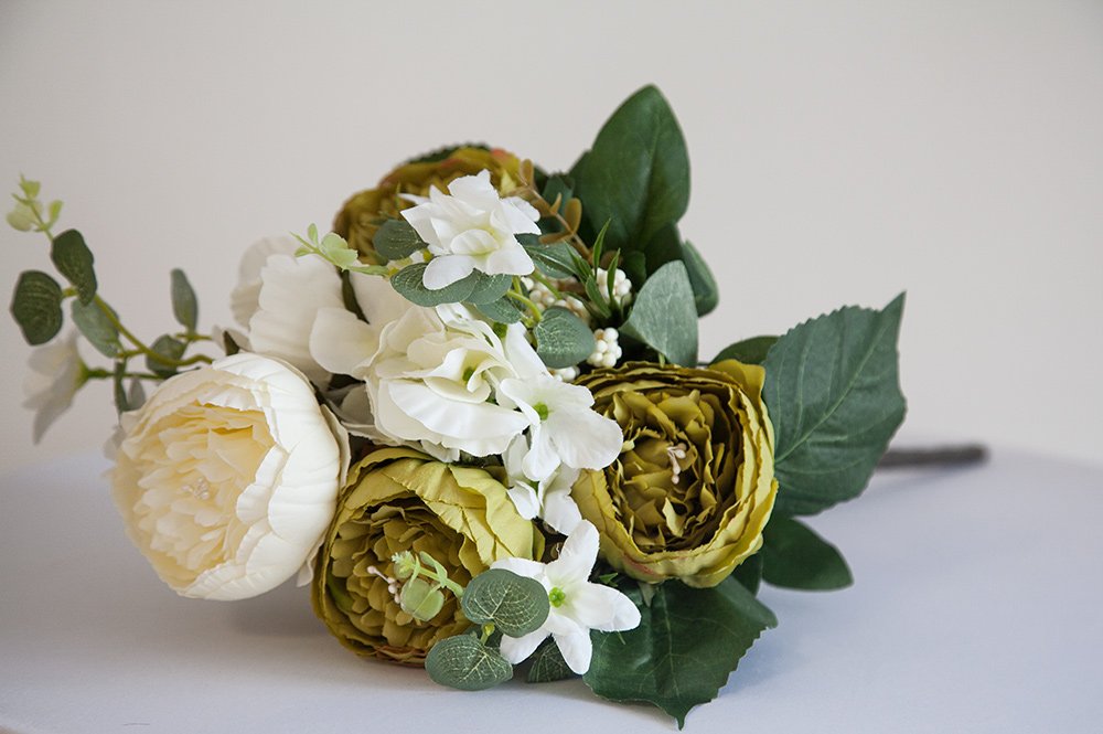 Decor Essentials Ivory / Olive Artificial Silk Peony Flower Bouquet (No.4) -8 Colours Wedding Centrepiece Decor (Ivory/Olive)