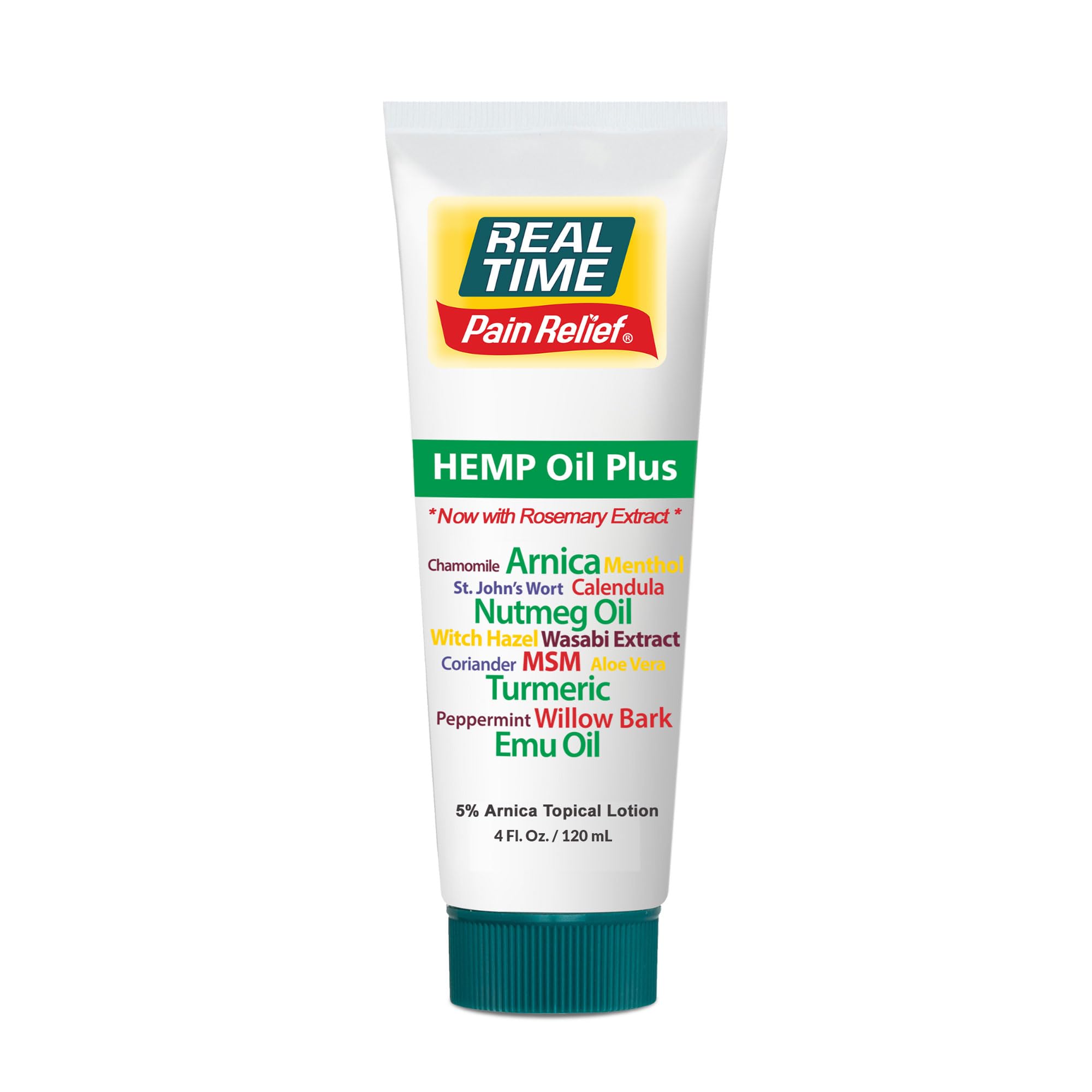 Real Time Pain Relief Hemp Oil Plus 4oz Tube | 20 Natural Ingredients: 5% Arnica & Turmeric | Fast Absorbing Lotion for Muscles, Hands, Feet, Ankles, Back, Shoulders, Knees & Joints Discomfort