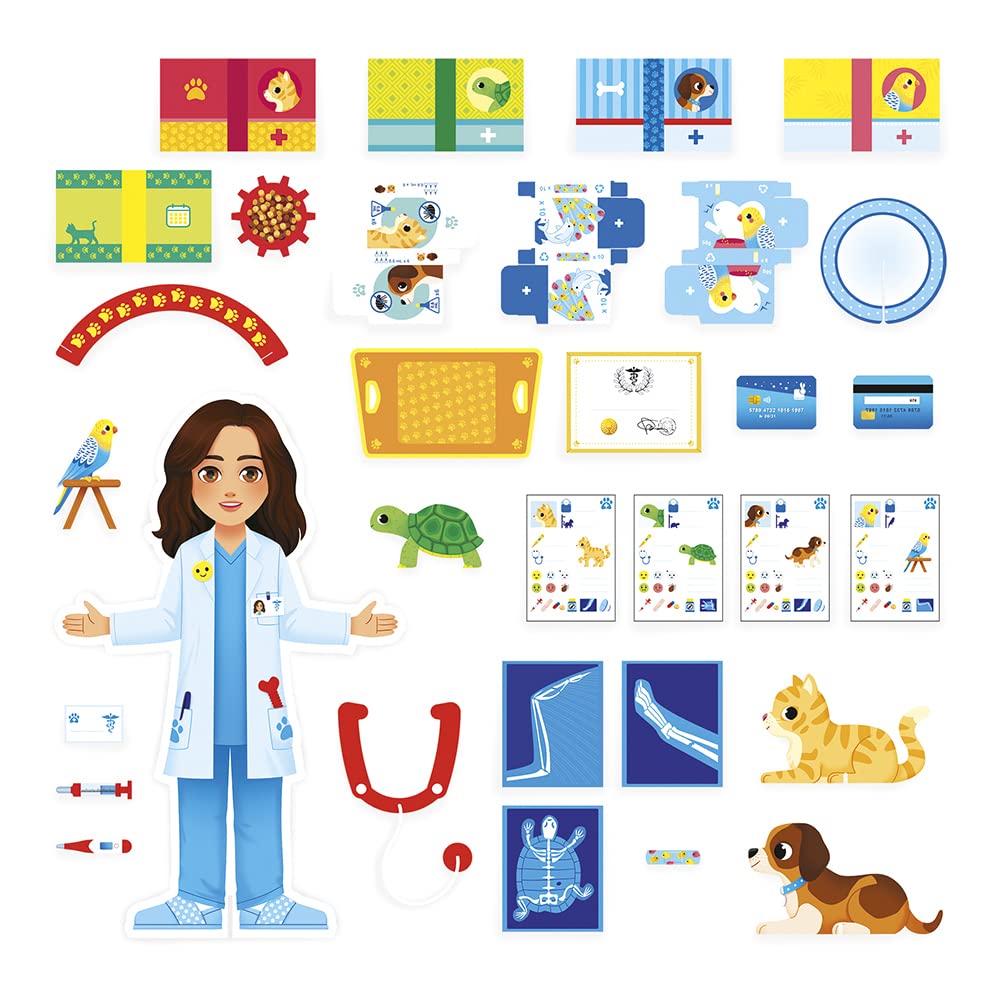 Janod - Un Jour… Le Vétérinaire - Jouet d'Imitation Métier - 40 Accessoires - Grands Personnages 65 cm - Développe l'imagination - Certifié FSC - Dès 3 Ans - J06622