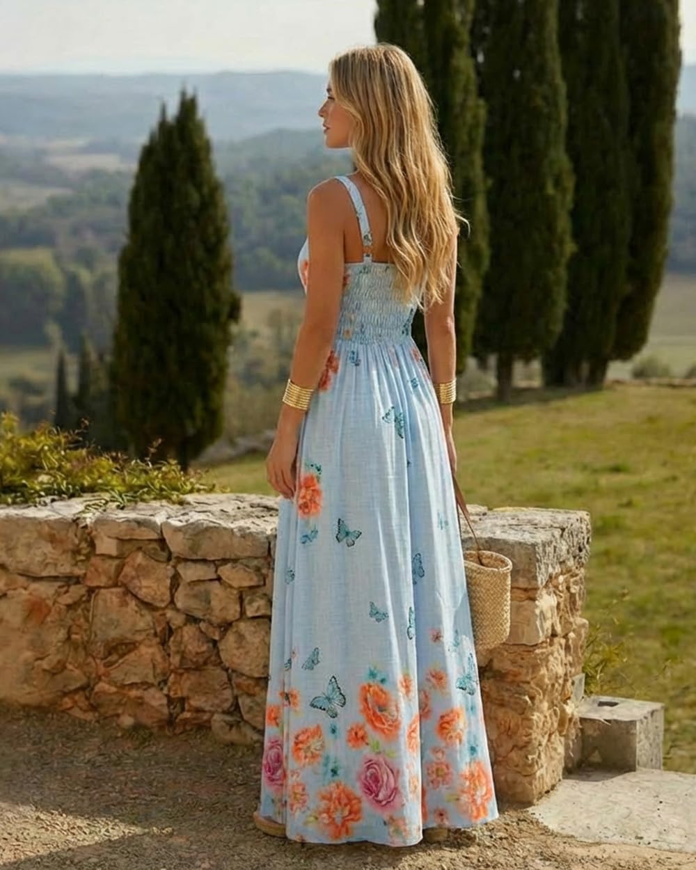 CHICME Women’s Floral Butterfly Print Linen Maxi Dress Quare Neck Strap Shirred Bodice Flowy Boho Summer Beach Dress - Image 8