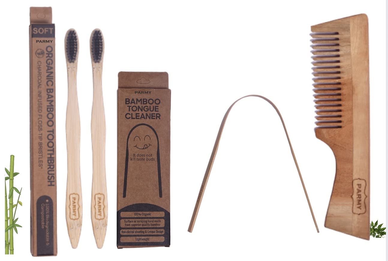PARMY Bamboo Wooden brush, COMB & Tongue cleaner | Handmade Tooth brush, cavity Control | Tongue fresher, woody brush & cleaner| Men, Women (PACK OF 2 BRUSH HANDLE COMB & TONGUE CLEANER)