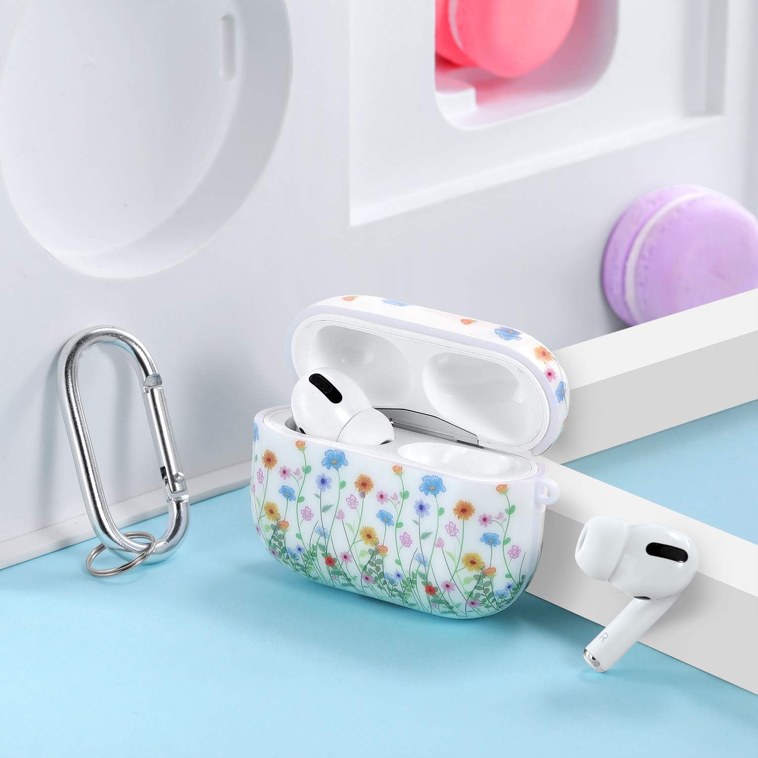 Hamile Compatible with AirPods Pro Case Hard Cover Cute Printed Protective Cases Skin for Apple AirPod Pro 3rd GEN (2019) Wireless Charging Case with Accessories Keychain for Girls - Flower Bouquet
