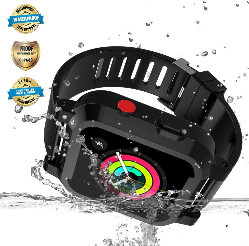 Apple Watch Waterproof Case for 42mm Apple Watch Series 3 & 2, EFFUN IP68 Waterproof Shockproof Impact Resistant Apple Watch Case Rugged Protective iWatch Case + 2 Soft Silicone Apple Watch Band Black