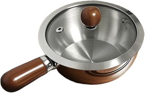 Milk Heating Pot Soup Pot Kitchen Cookware for Boiling with Wood Handle Stainless Steel, Butter Warmer Small Saucepan, Silver with Lid