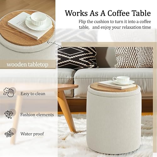 Miniatura 5 de YSICK Otomana redonda con almacenamiento, juego de 2, taburete pequeño de tocador como silla de tocador, otomana de corduroy para reposapiés en