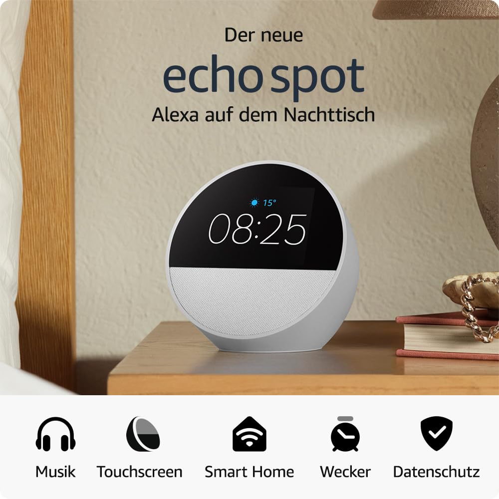 Zertifiziert und generalüberholt Amazon Echo Spot (2024), smarter Wecker mit sattem Klang und Alexa, Weiß – Ansicht 2