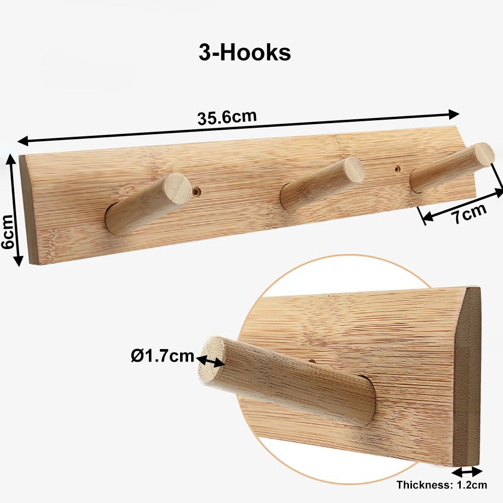 Wandgarderoben Wand mit 3 Haken Garderobenleiste Bambus Holz Kleiderhaken zum Schrauben 2er Set Hakenleiste Garderobe Flur Korridor Schlafzimmer Wandhaken für Jacken Taschen Schlüssel Mäntel
