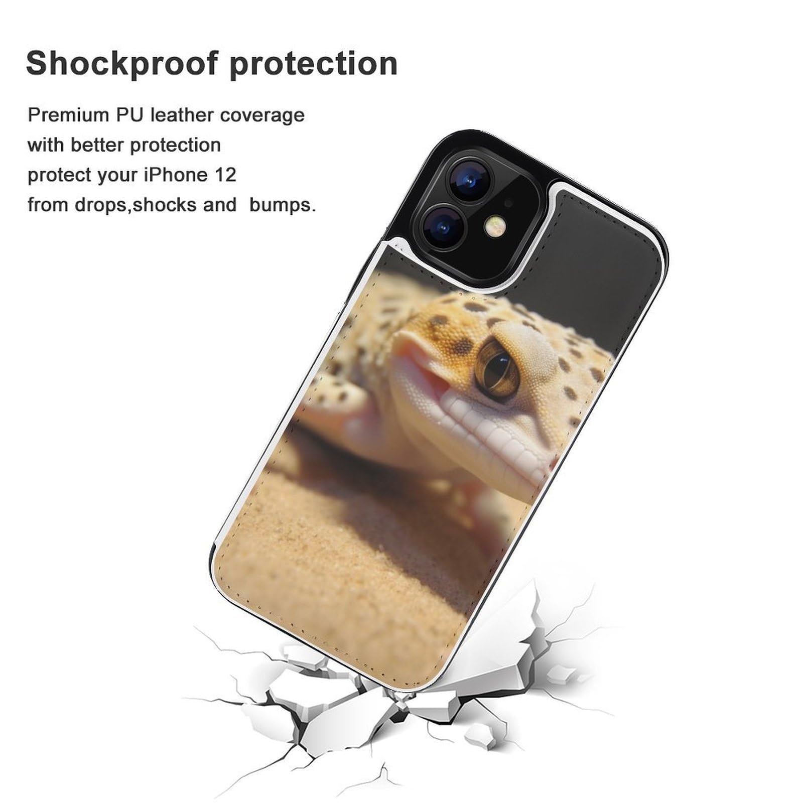 Fundas tipo cartera para iPhone 12, estampado de geco de leopardo arena, funda de piel con ranuras para tarjetas