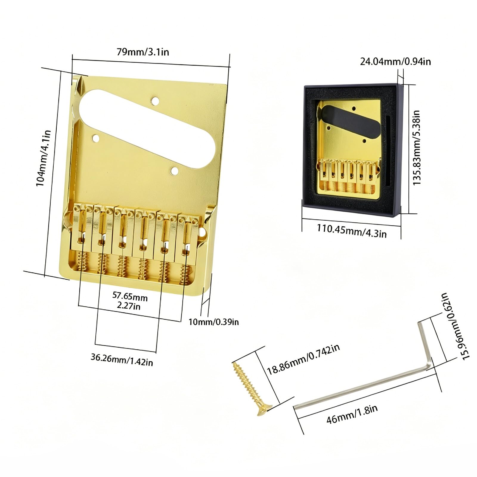 Puente de guitarra de 6 cuerdas de latón con 6 sillines, placa lateral elevada con corte de pastilla, tornillos y llave para configuración de reparación