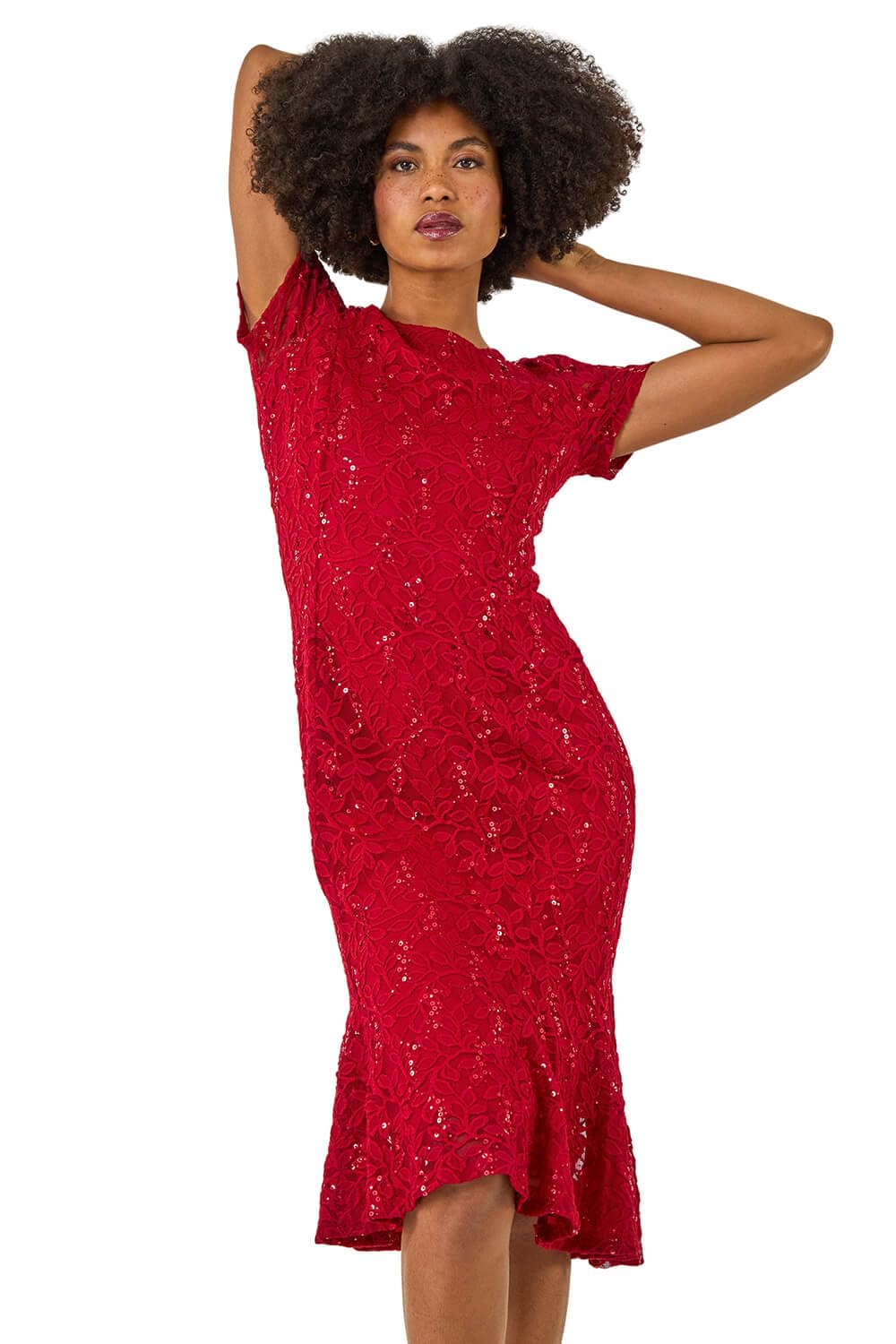 Roman Women's Red Leaf Lace Sequin Midi Dress In Size 20
