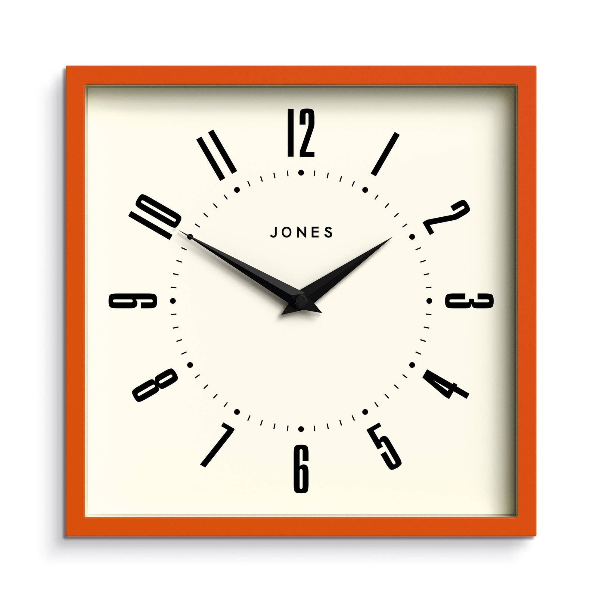 Jones Clocks Orange Jones Clocks® Box Wall Clock | Retro Square | 25Cm | | Easy To Read Numbers | Perfect Kitchen Or Office Clock