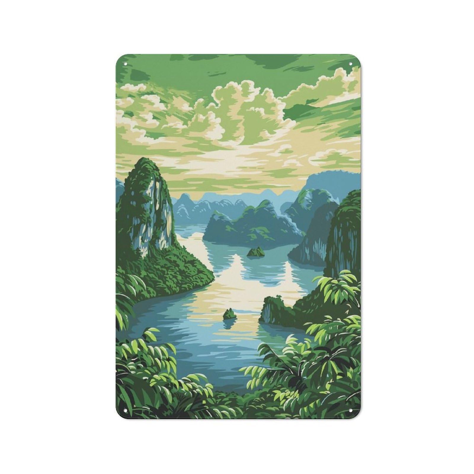 Metal Wall Plaque with Serene Mountain Lake Design 30x20cm, Simple Retro Studio Wall Plaque for Hobby Room, Office, Lounge Or Living Room